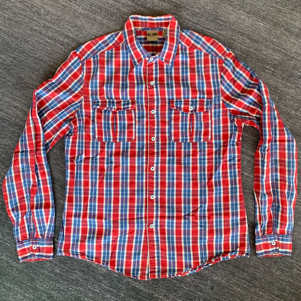 All-Son Red White Blue Plaid Button Down M Long Sleeve Shirt
